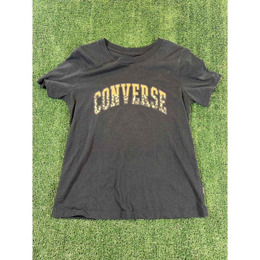 Converse Black Leopard Camo Lettering Graphic T-Shirt Size Small